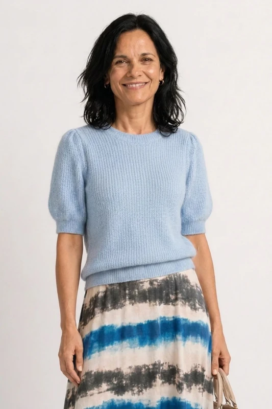 Sweter damski błękitny 30% alpaka bufki krótki rękaw Italy