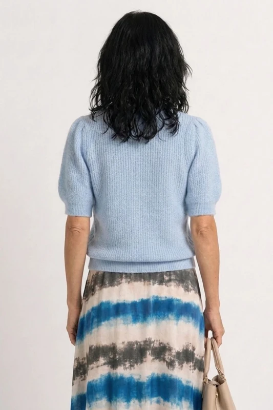 Sweter damski błękitny 30% alpaka bufki krótki rękaw Italy