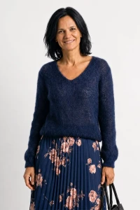 Sweter damski granatowy 60% kid moher dekolt w szpic Made in Italy