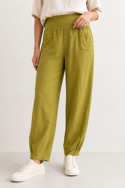 Spodnie damskie oliwkowe 100% len luźny krój Italy XL