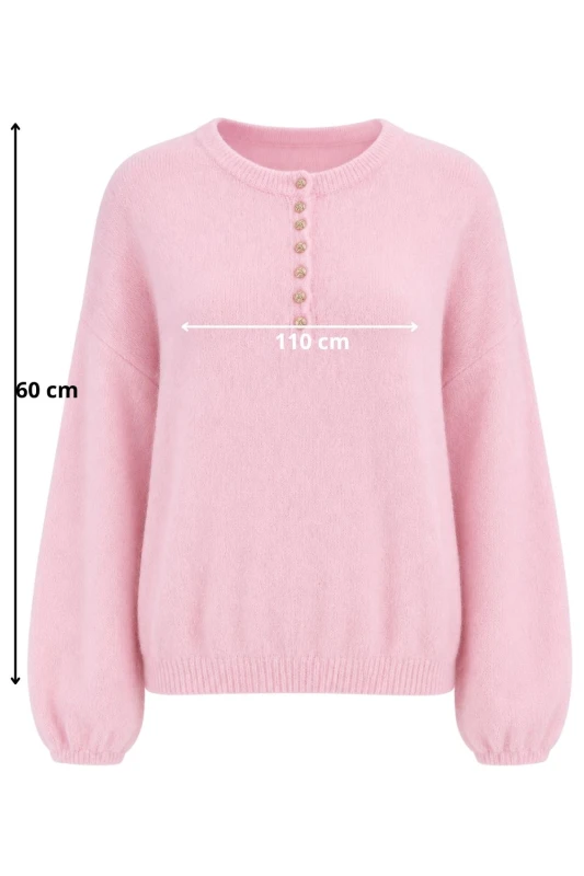 Sweter damski pudrowy róż 30% alpaka z ozdobnymi guzikami One Size