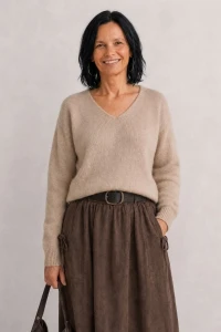 Sweter damski beżowy 30% moher dekolt V Made in Italy 