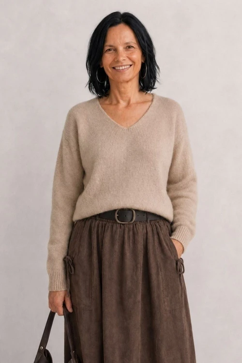 Sweter damski beżowy 30% moher dekolt V Made in Italy