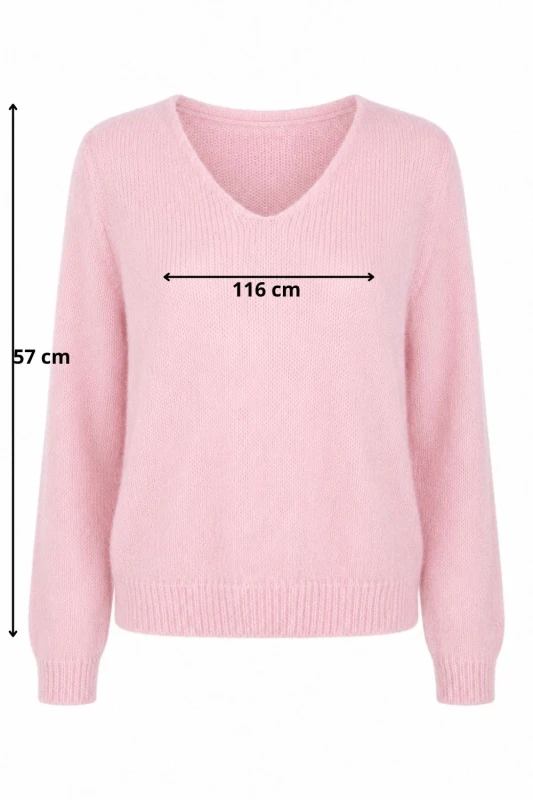 Sweter damski pudrowy róż 30% moher dekolt V Made in Italy