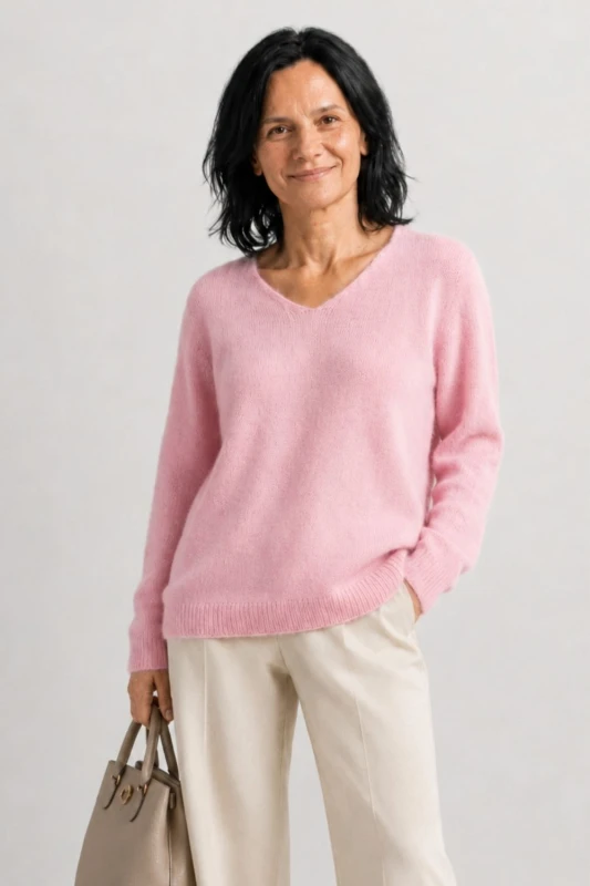 Sweter damski pudrowy róż 30% moher dekolt V Made in Italy