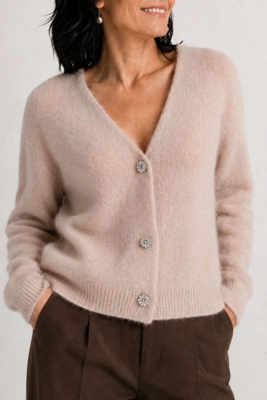 Sweter kardigan damski beżowy 30% alpaka ozdobne guziki Italy