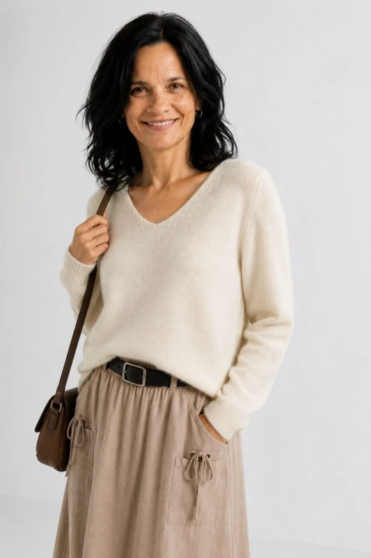 Sweter damski kremowy 30% moher dekolt V Made in Italy