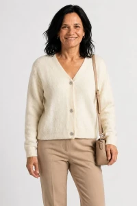Sweter kardigan damski kremowy 30% alpaka ozdobne guziki Italy 