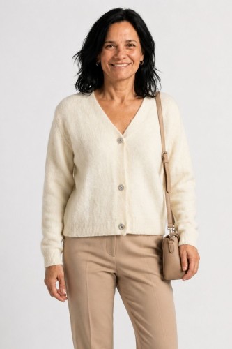 Sweter kardigan damski kremowy 30% alpaka ozdobne guziki Italy