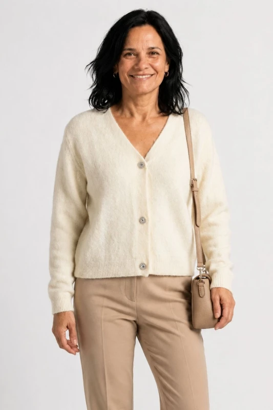 Sweter kardigan damski kremowy 30% alpaka ozdobne guziki Italy