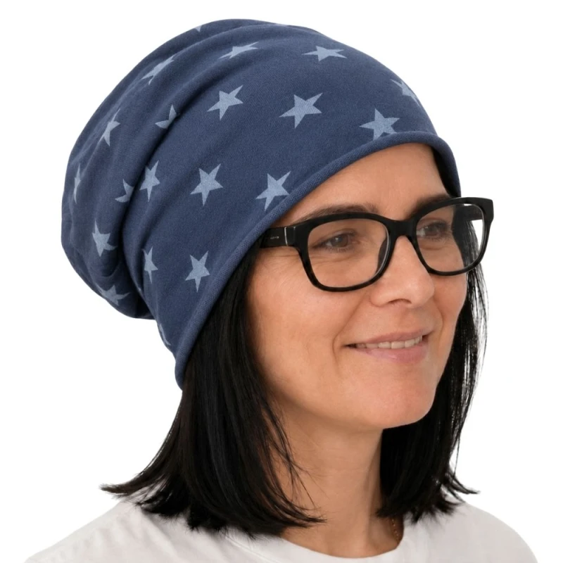 Czapka damska Beanie włoska cienka smerfetka granatowa w gwiazdki