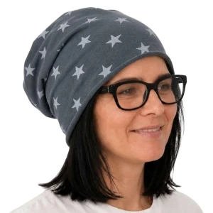 Czapka damska Beanie włoska cienka smerfetka szara w gwiazdki 