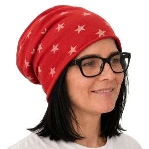 Czapka damska Beanie włoska cienka smerfetka czerwona w gwiazdki 