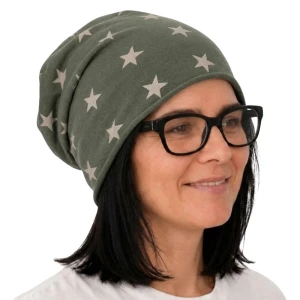 Czapka damska Beanie włoska cienka smerfetka zielona w gwiazdki  
