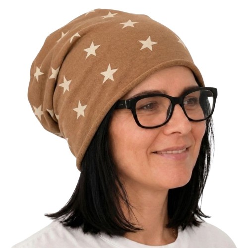 Czapka damska Beanie włoska cienka smerfetka jasnobrązowa w gwiazdki