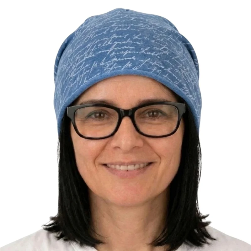 Czapka damska Beanie włoska cienka smerfetka niebieska w napisy