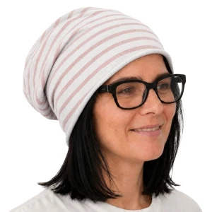 Czapka damska Beanie włoska cienka smerfetka biała w różowe paski