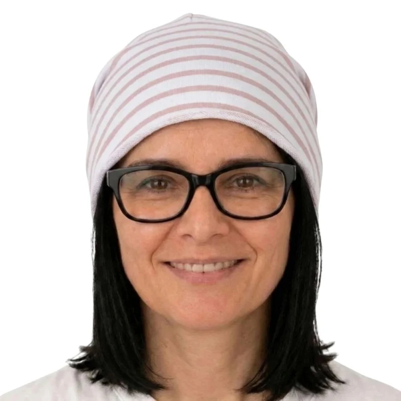 Czapka damska Beanie włoska cienka smerfetka biała w różowe paski