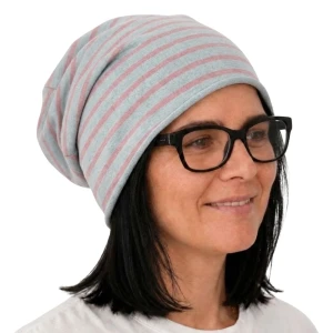 Czapka damska Beanie włoska cienka smerfetka szara w różowe paski 