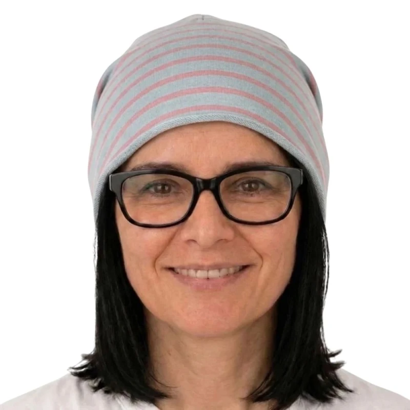Czapka damska Beanie włoska cienka smerfetka szara w różowe paski