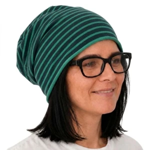 Czapka damska Beanie włoska cienka smerfetka zielona w paski 