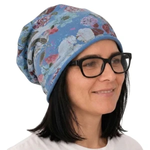 Czapka damska Beanie włoska cienka smerfetka niebieska w kwiaty i liście