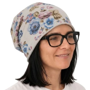Czapka damska Beanie włoska cienka smerfetka szara w kwiaty