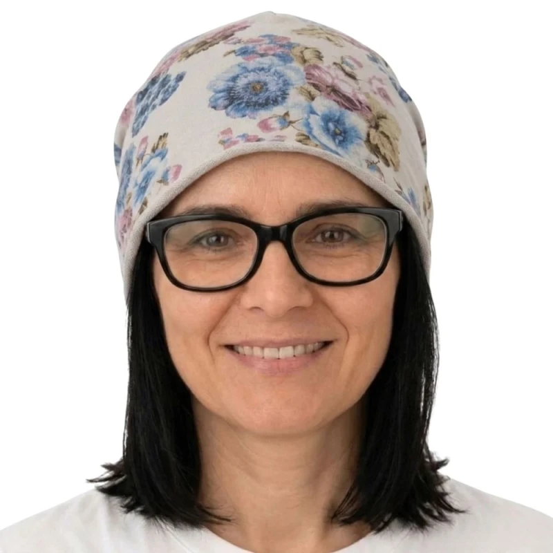 Czapka damska Beanie włoska cienka smerfetka szara w kwiaty