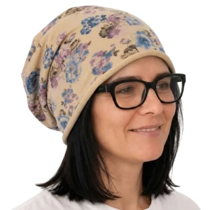 Czapka damska Beanie włoska cienka smerfetka beżowa w kwiaty  