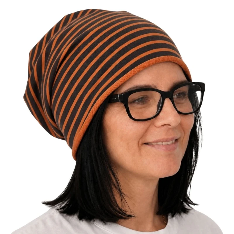 Czapka damska Beanie włoska cienka smerfetka pomarańczowa w paski