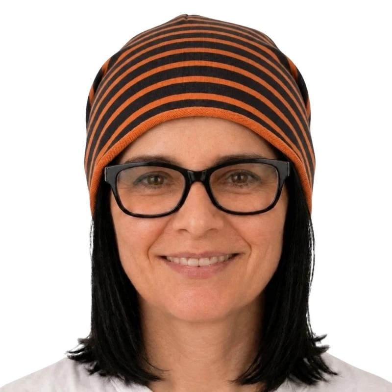 Czapka damska Beanie włoska cienka smerfetka pomarańczowa w paski