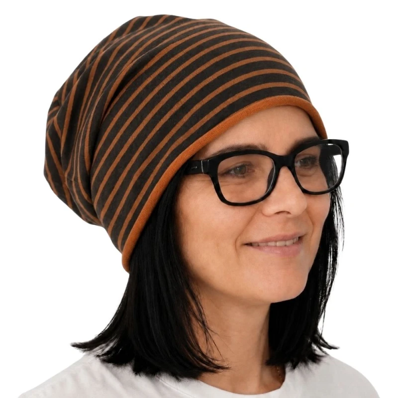 Czapka damska Beanie włoska cienka smerfetka ruda w paski
