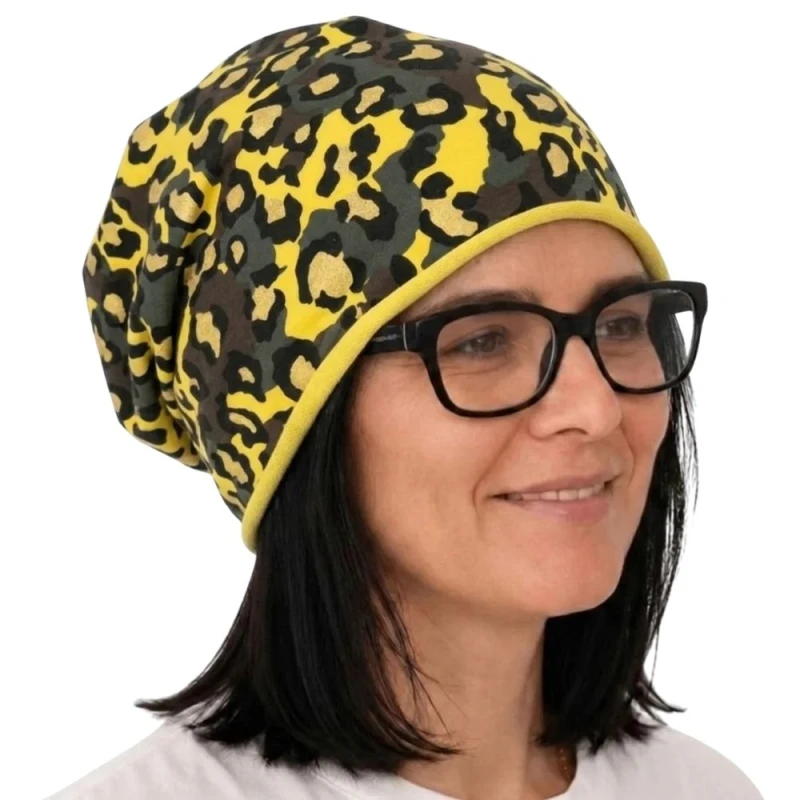 Czapka damska Beanie włoska cienka smerfetka żółta moro panterka