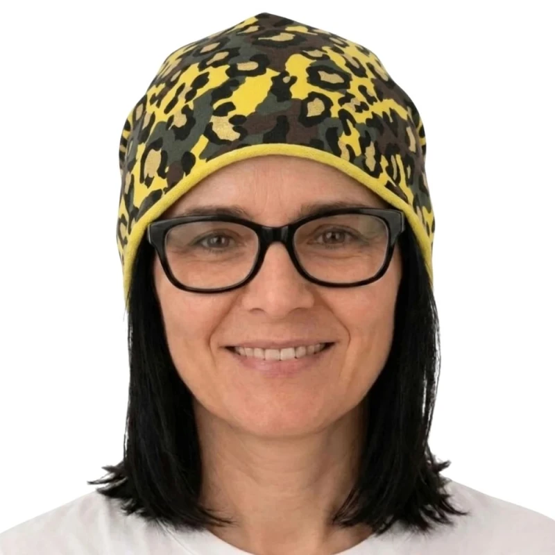 Czapka damska Beanie włoska cienka smerfetka żółta moro panterka