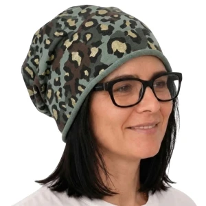Czapka damska Beanie włoska cienka smerfetka zielona moro panterka 