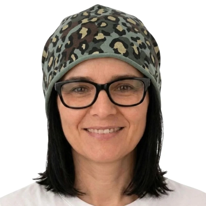 Czapka damska Beanie włoska cienka smerfetka zielona moro panterka