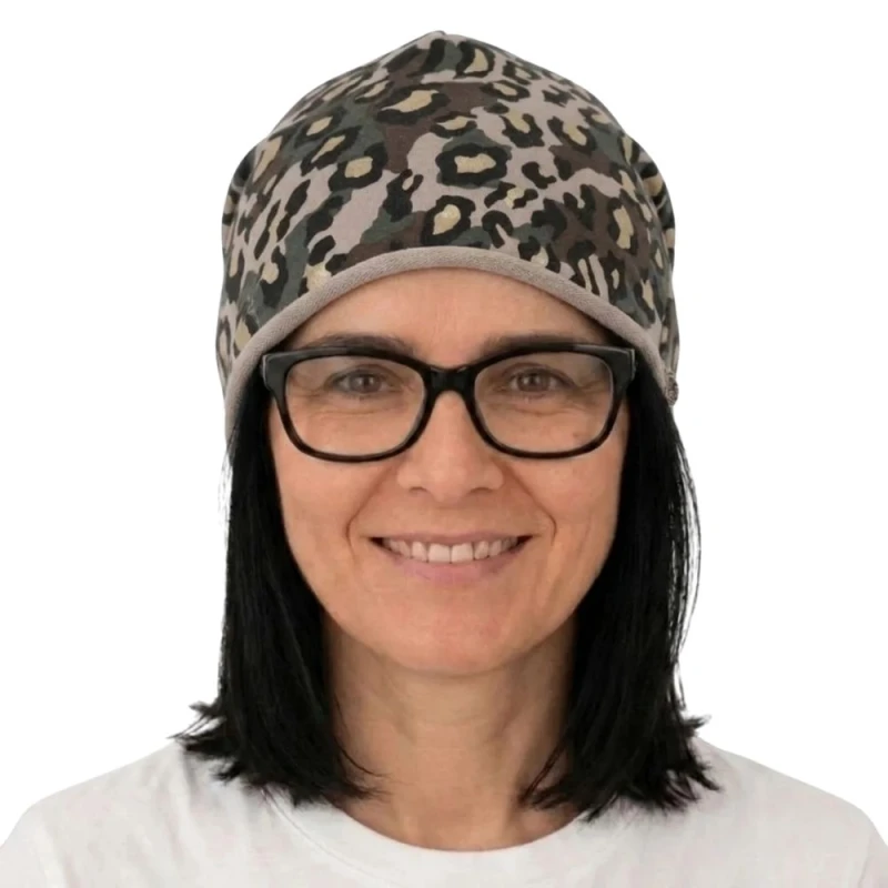 Czapka damska Beanie włoska cienka smerfetka beżowa moro panterka