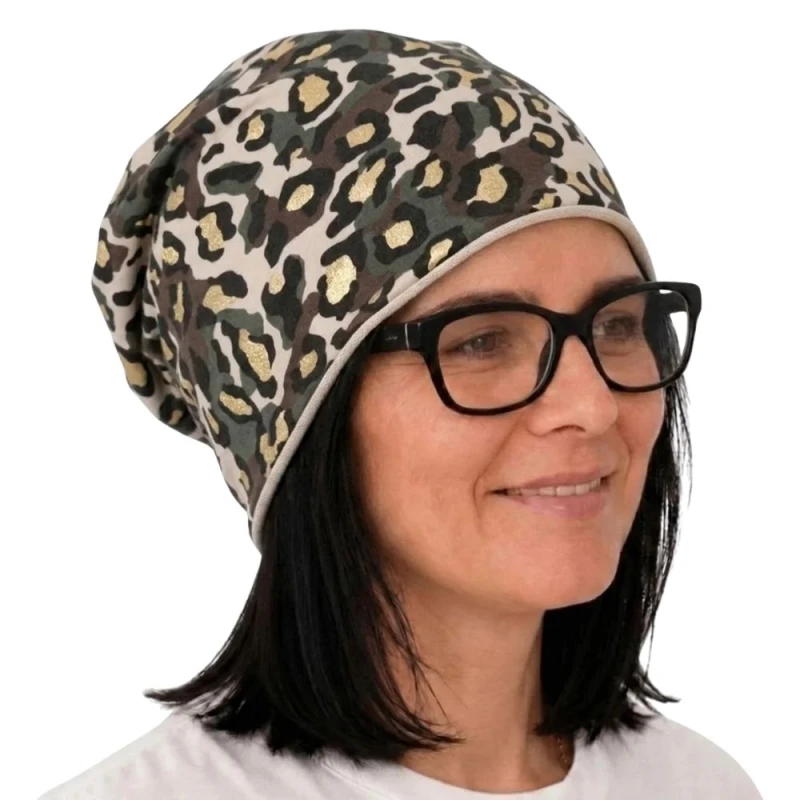 Czapka damska Beanie włoska cienka smerfetka kremowa moro panterka