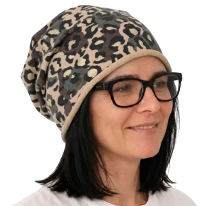 Czapka damska Beanie włoska cienka smerfetka jasnobeżowa moro panterka 