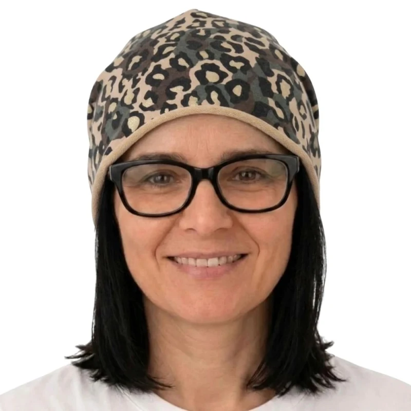 Czapka damska Beanie włoska cienka smerfetka jasnobeżowa moro panterka