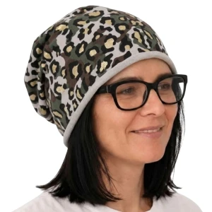 Czapka damska Beanie włoska cienka smerfetka jasnoszara moro panterka  