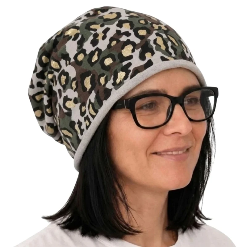 Czapka damska Beanie włoska cienka smerfetka jasnoszara moro panterka