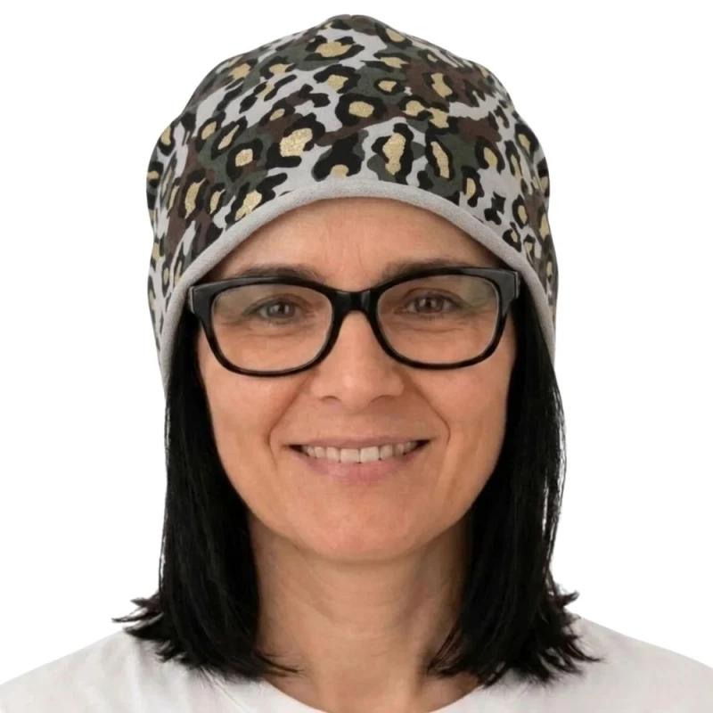 Czapka damska Beanie włoska cienka smerfetka jasnoszara moro panterka