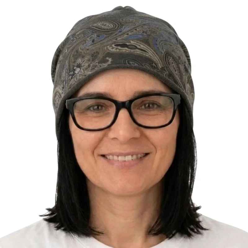 Czapka damska Beanie włoska cienka smerfetka brązowa we wzory