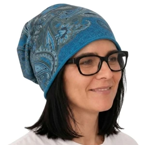 Czapka damska Beanie włoska cienka smerfetka turkusowa we wzory 