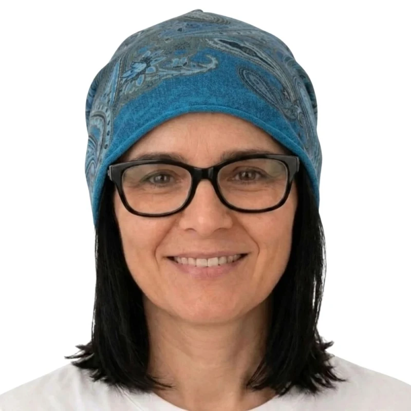 Czapka damska Beanie włoska cienka smerfetka turkusowa we wzory