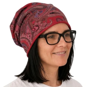 Czapka damska Beanie włoska cienka smerfetka bordowa we wzory 