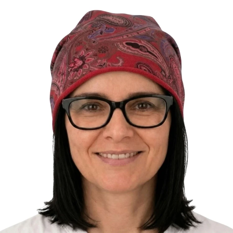 Czapka damska Beanie włoska cienka smerfetka bordowa we wzory
