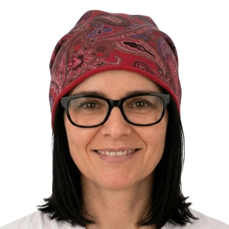 Czapka damska Beanie włoska cienka smerfetka bordowa we wzory