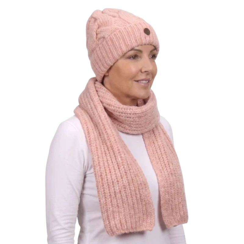 Komplet damski czapka i szal MIA – pudrowy róż